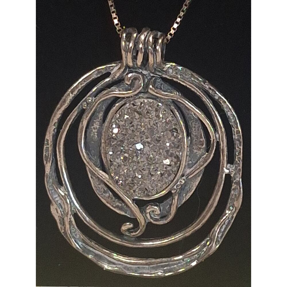 925 Sterling Silver Israel Druzy Pendant Italy Chain Boho Statement Necklace